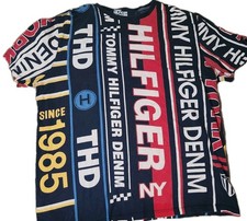 Rare Vintage Tommy Hilfiger Denim Shirt Large All Over Print Double Sided 26x22