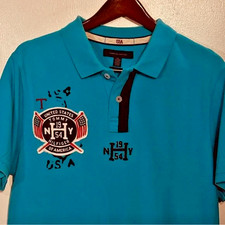 Y2K Vintage Slim Fit Tommy Hilfiger Cyan Blue Polo Shirt USA Patch 1954 New York