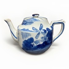 Delft Blue  White Windmill Scene Teapot With Lid Vintage Japan