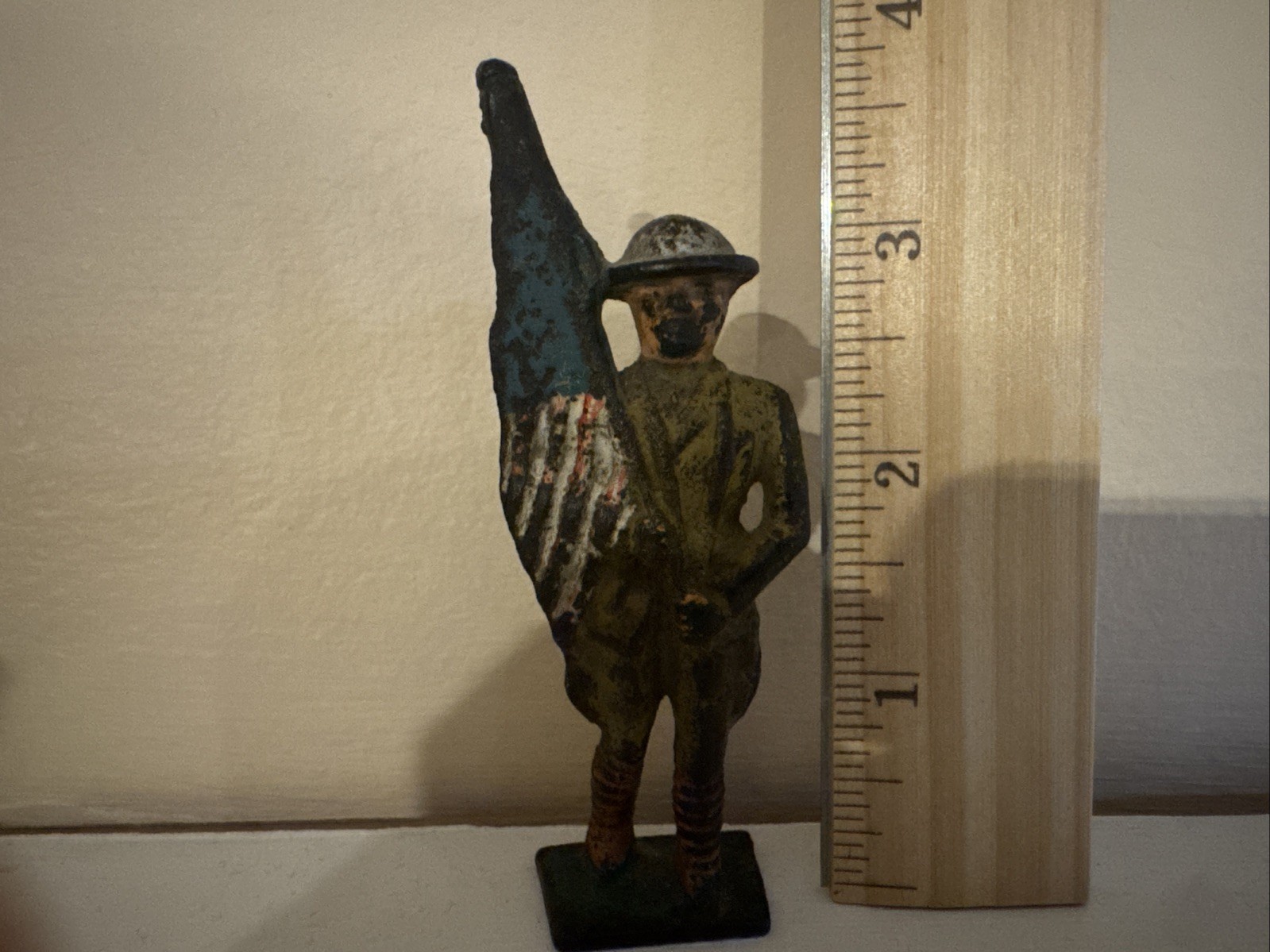 Vintage Cast Iron WWI Soldier with American Flag – Rectangular Base – Painted