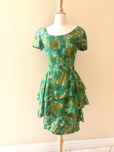 Vintage 1950's 60s Watercolor Green gold Floral Peplum Tiered Cocktail Dress S