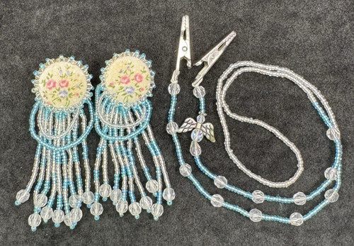 Angel Garden Handmade Beaded Fringe Earrings + Glasses Strap Blue Floral Angel