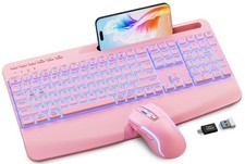 Pink Keyboard and Mouse Wireless Combo, 4000mAh Rechargeable Backlit Quiet Ke...