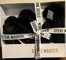 STEVE MADDEN Gift Set Women's Size 7-8 M Black Faux Fur Slippers, Knit Hat New