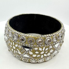 Vintage Mustard Yellow Wide Bangle Mirror Work Rhinestone Boho Statement Retro