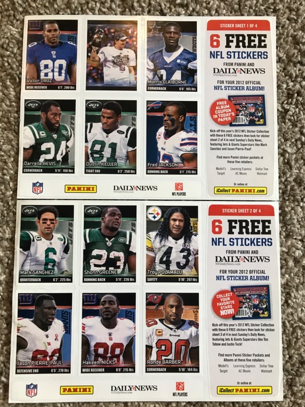 2012 Panini & Daily News NFL Stickers Sheet 1 and 2