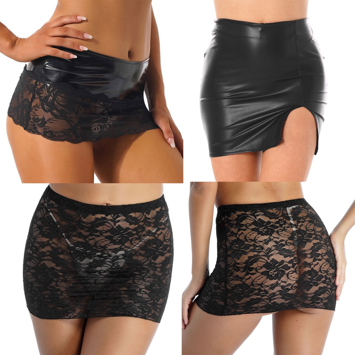 Women's See-Through Lace Mini Skirt Shiny Wet Look Leather Bodycon