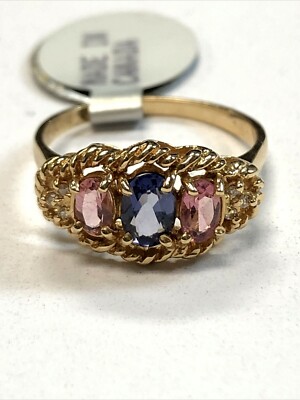14K Gelbgold Ring mit Diamanten & 2 verschiedenen Farben blau & rosa Ovalschliff, NEU