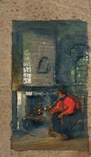 Watercolour Dutch At Fireplace with Pipe Interior 1880 Unsigned Antique Vintage