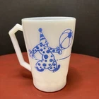 Vintage Hazel Atlas milk glass clown circus mug cup blue white child size