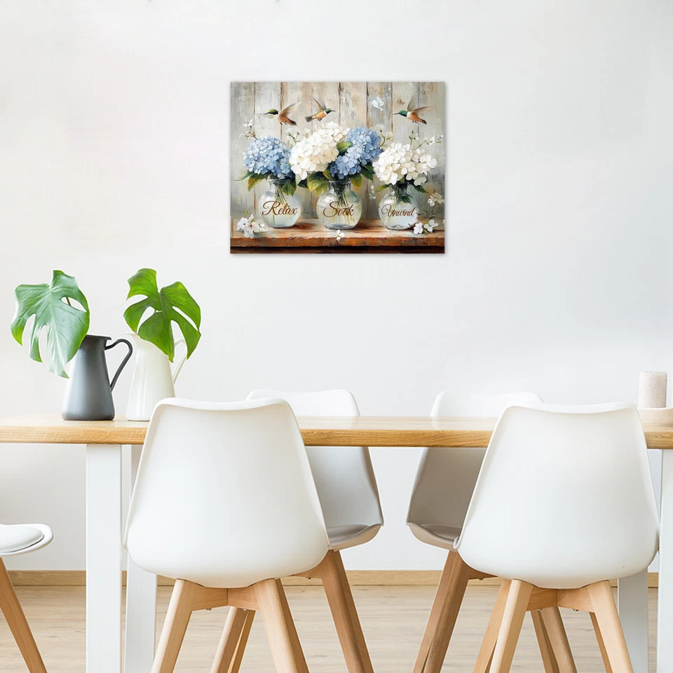 Rustic Plant Blue Hydrangea Hummingbird Canvas Wall Art for Bathroom Living Room - Image 2 of 4