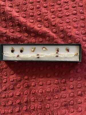 Garnet/Pearl Bracelet/Onyx, Opal Garnet Earrings Gift Set Gold Tone 4 Pcs