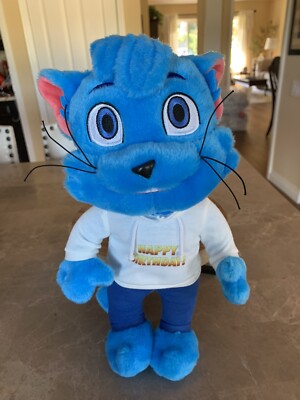 Bingo Blitz 14'' Plush Blitzy Blue Cat Promo Prize wearing Happy Birthday Shirt