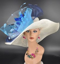 Ivory Teal Blue Church Kentucky Derby Party Wedding Tea Wide Brim Sinamay Hat