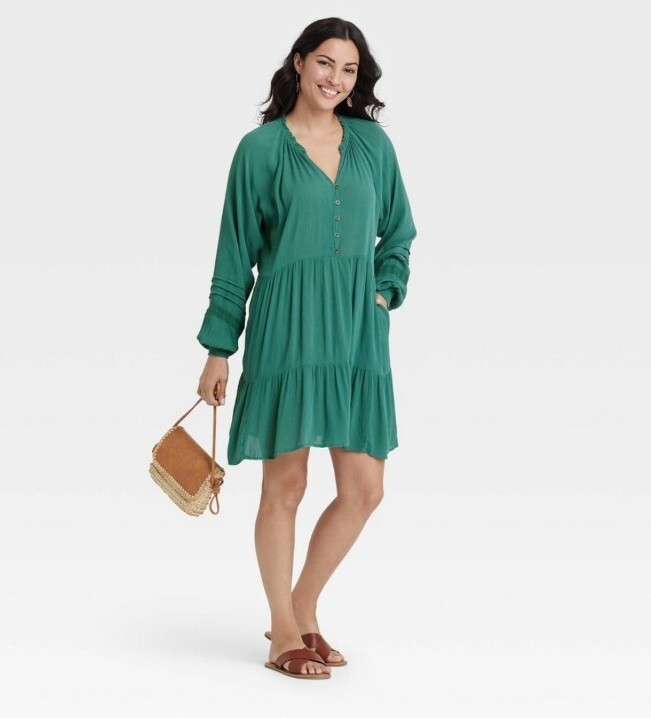 Knox Rose Womens XXL Verde Green Long Sleeve Button Front Tiered Midi Boho Dress Knox Rose Womens XXL Verde Green Long Sleeve Button Front Tiered Midi Boho Dress