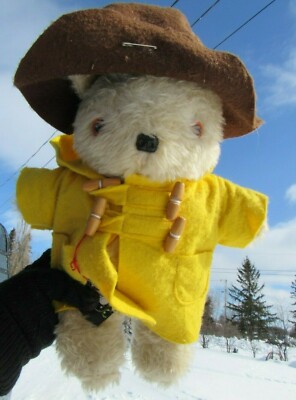 VINTAGE PADDINGTON TEDDY BEAR STUMPY LEGS 14'' WRITTEN TAG UK ARTIST ? COAT HAT
