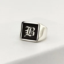 Stylish Initial Letter Engraved Square Signet Ring For Men's In 10K White Gold