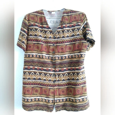 Vintage Anna and Frank Slub SILK Top Shirt Brown Geometric Size Medium Chest 38
