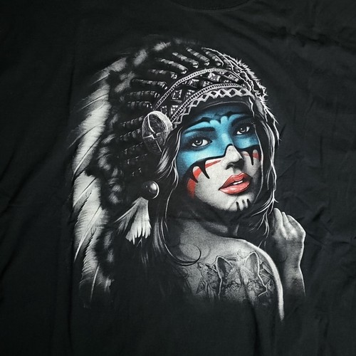 Native American Female in Head Dress Black Size 3XL Short Sleeve Shirt - Picture 4 of 7