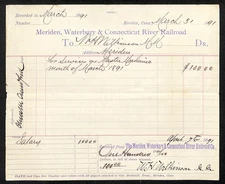 1891 Meriden, Waterbury & Connecticut River Railroad Payroll Voucher