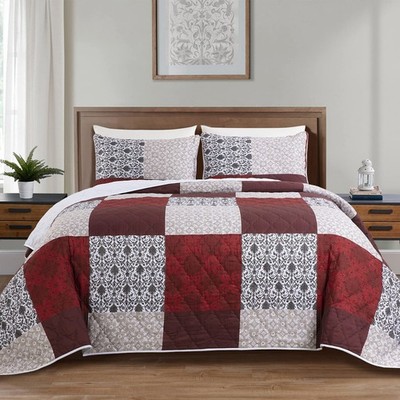 HOMBYS 128x120 Oversized King Bedspread, 3 128''x120'', Red&white&brown 