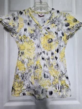 WHITE CROSS Scrub Top size S-Yellow/Black/White Floral V-Neck-Chest 20.5"/L 26"