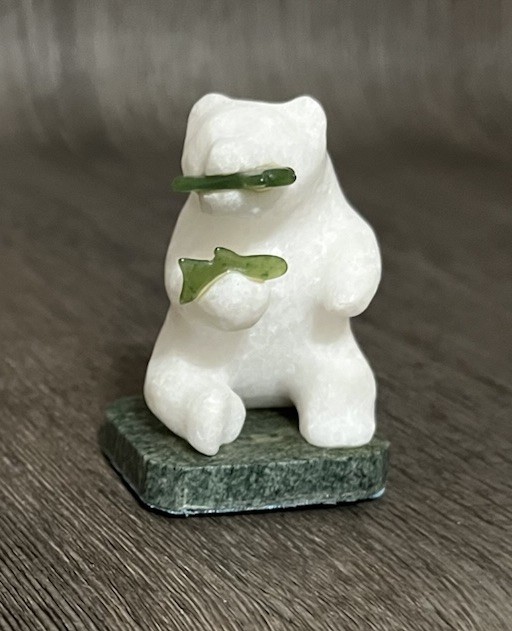 Vintage White Marble Polar Bear  Figurine Carved Green Jade Fish 2.5