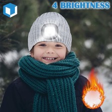 Fleece Lined LED Beanie Hat w/Light for Kids Rechargeable Winter Headlamp Cap