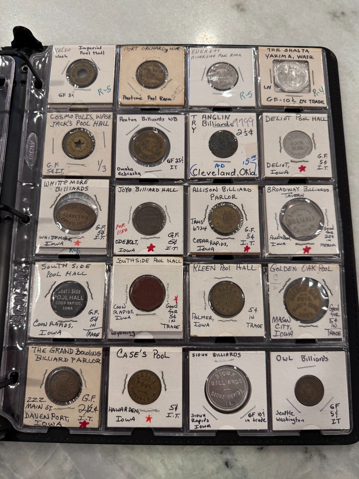 Set of 74 Pool Hall Tokens, includes United States Pool & Billiard ...