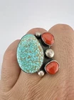 HUGE Vtg Navajo Sterling Silver #8 Turquoise & Coral Stamped Men's Ring 19.5g