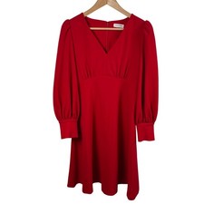 Calvin Klein Women's Red V-Neck Puff Sleeve Zipper Fit Flare Dress Size 8