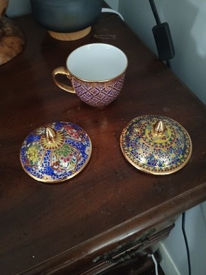 Thai Benjarong Hand Painted  Tea CupHand Painted  Thailand  Lids See Description