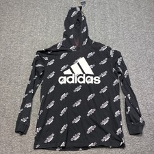 Adidas Hoodie Kids L/G 14/16 Black All Over Print Logo Faded Streetwear