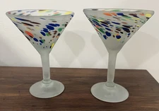 2 Hand Blown Frosted Confetti Swirl Margarita Martini Glasses 7” - 12oz - EUC