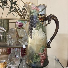 Limoges~EXQUISITE JEAN POUYAT HP GRAPE VINE DRAGON HANDLE 15"TANKARD/PITCHER~19C