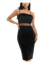 CRYSTAL DOLLS Womens Dress Black Dot Illusion Waist Feather Trim Juniors XS