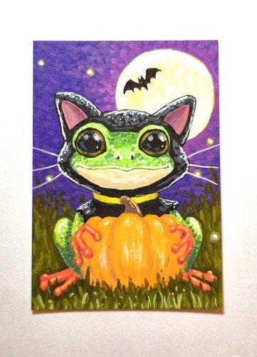 ACEO Original Painting, Cat Halloween Frog Cute, 2.5x3.5, Art By BlueOrchidsCo
