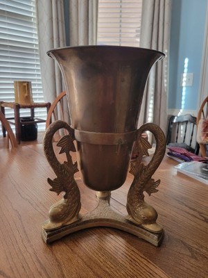 Vintage Brass Urn Vase Decorative Dolphin Handles Made in India Patina Decor