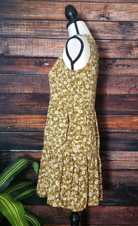 Old Navy XS Tiered Babydoll Tie Swing Dress Rayon Yellow Brown Floral