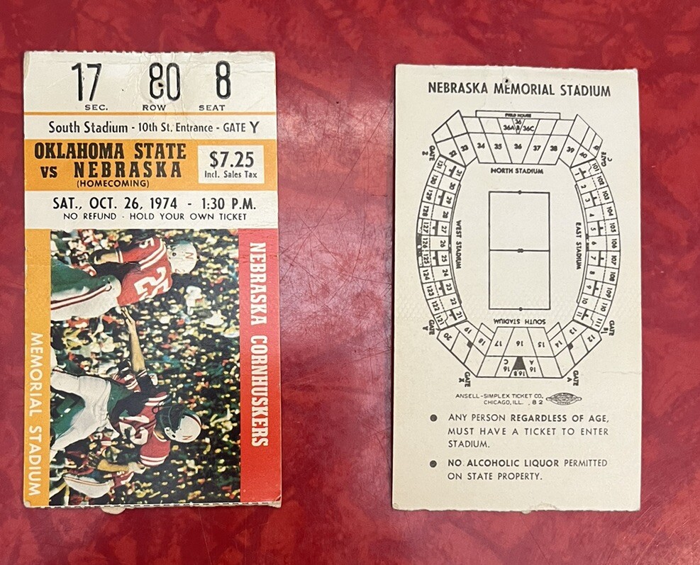 1974 NEBRASKA cornhuskers HUSKERS OKLAHOMA STATE FOOTBALL TICKET - Main Image