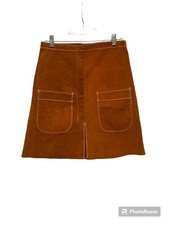 Vintage 60's-70's Sz 11 Brown A-line Suede Leather Skirt W/Pockets Hippie Boho