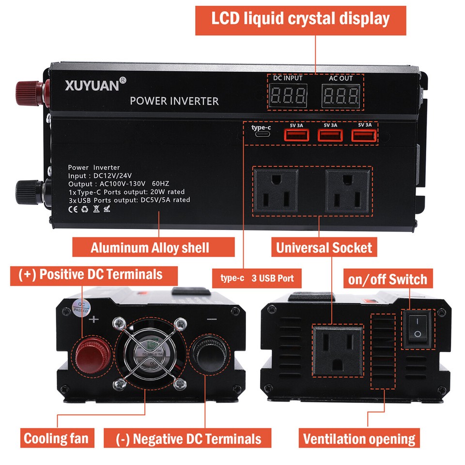 Convertidor 7000W De DC 12V A 110V AC Con USB Para Carro Auto Inversor ...