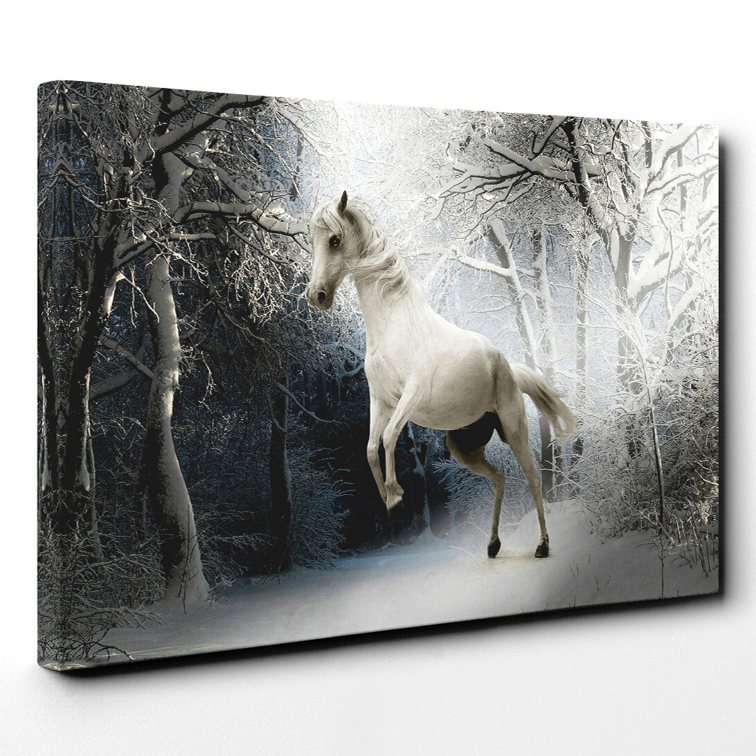 White Horse Snowy Forest Canvas Print Wall Art Framed Large Picture