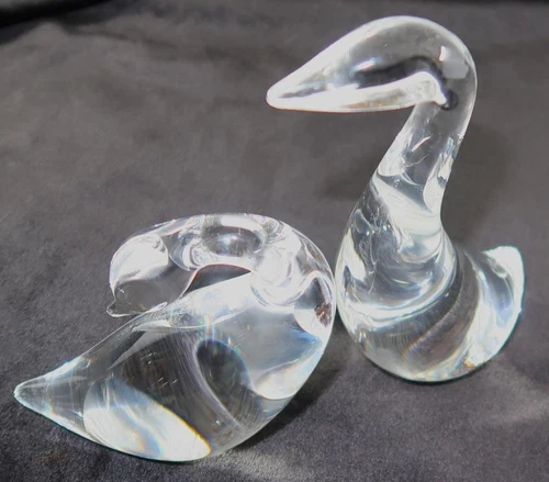 Steuben Glass, Lloyd Atkins, Clear Goose & Gander Figurines, 3 3/4" & 5 5/8" (C)