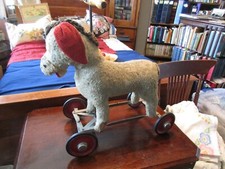 1930-40s PLUSH RIDING TOY HORSE WITH WHEELS STEERING HANDLE 20" high 19" long