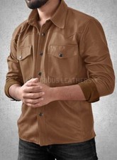 Formal Casual Shirt Wear Men Real Soft Lambskin Leather Stylish Brown Handmade