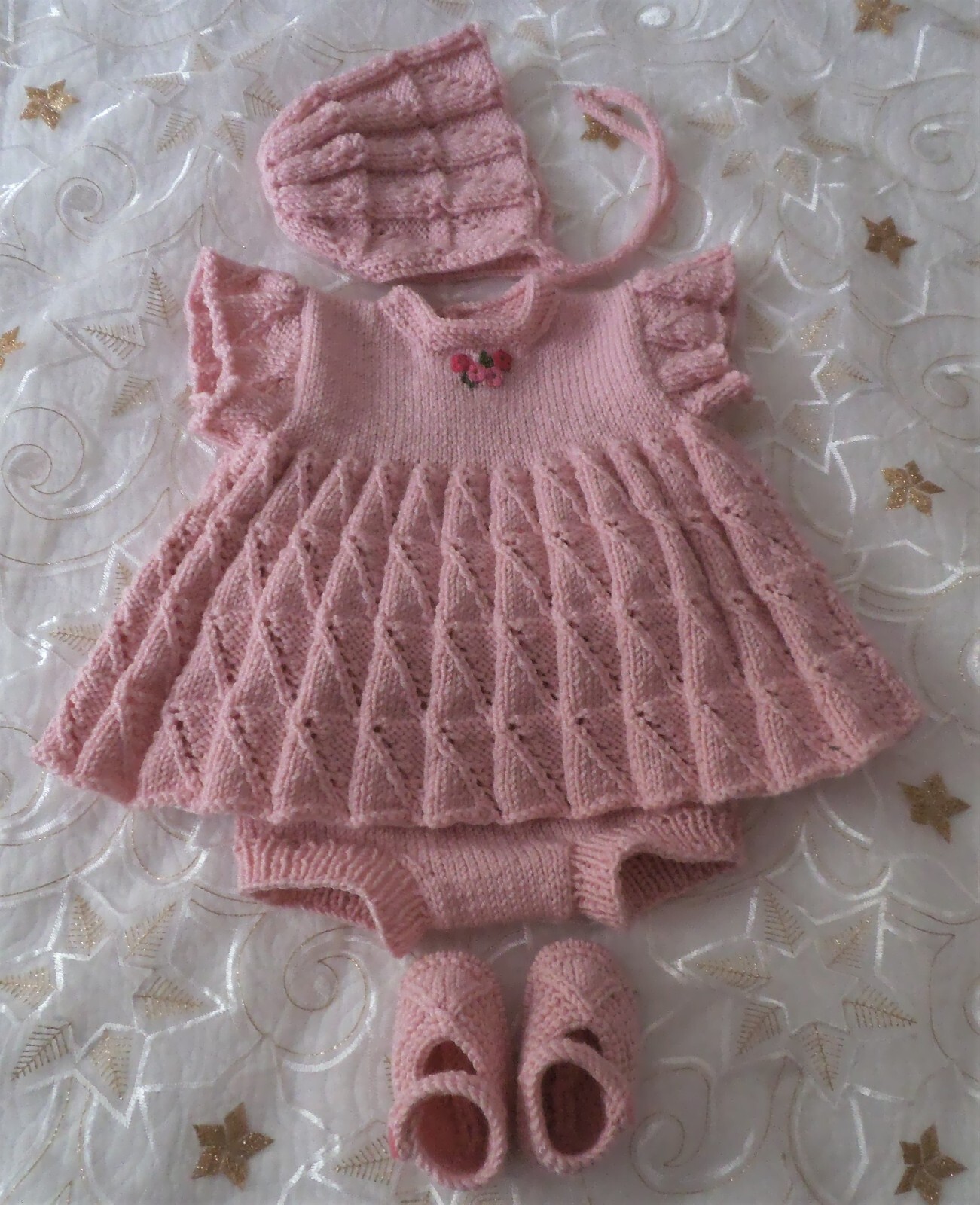 Hand Knitted Baby Girl Dress Set Layette 4 Piece Outfit 03 Month 21