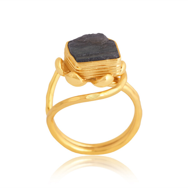 Gold Plated Flower Stone Ring Rough Labradorite Double Twist Band