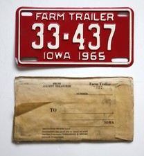 1965 IOWA Farm Trailer LICENSE PLATE #33-437 New in original envelope