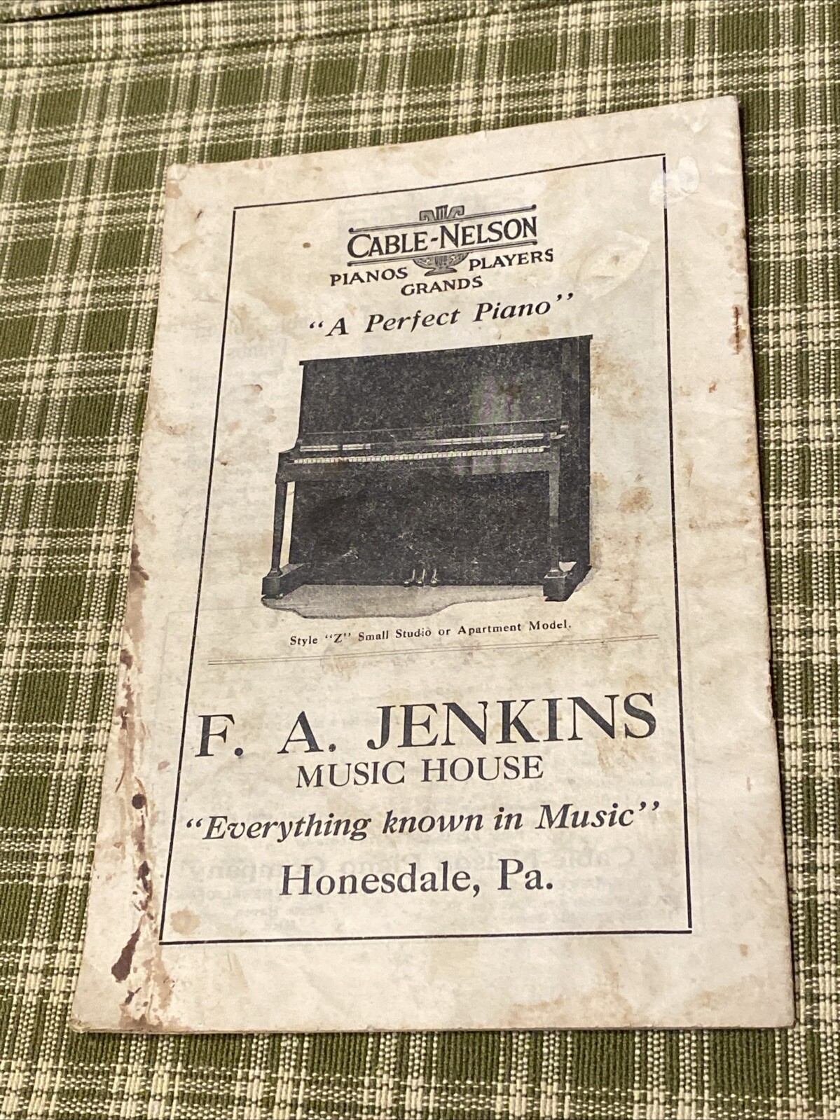 Antique 1908 Cable Nelson Piano Co FA Jenkins Honesdale Sheet Music Advertising